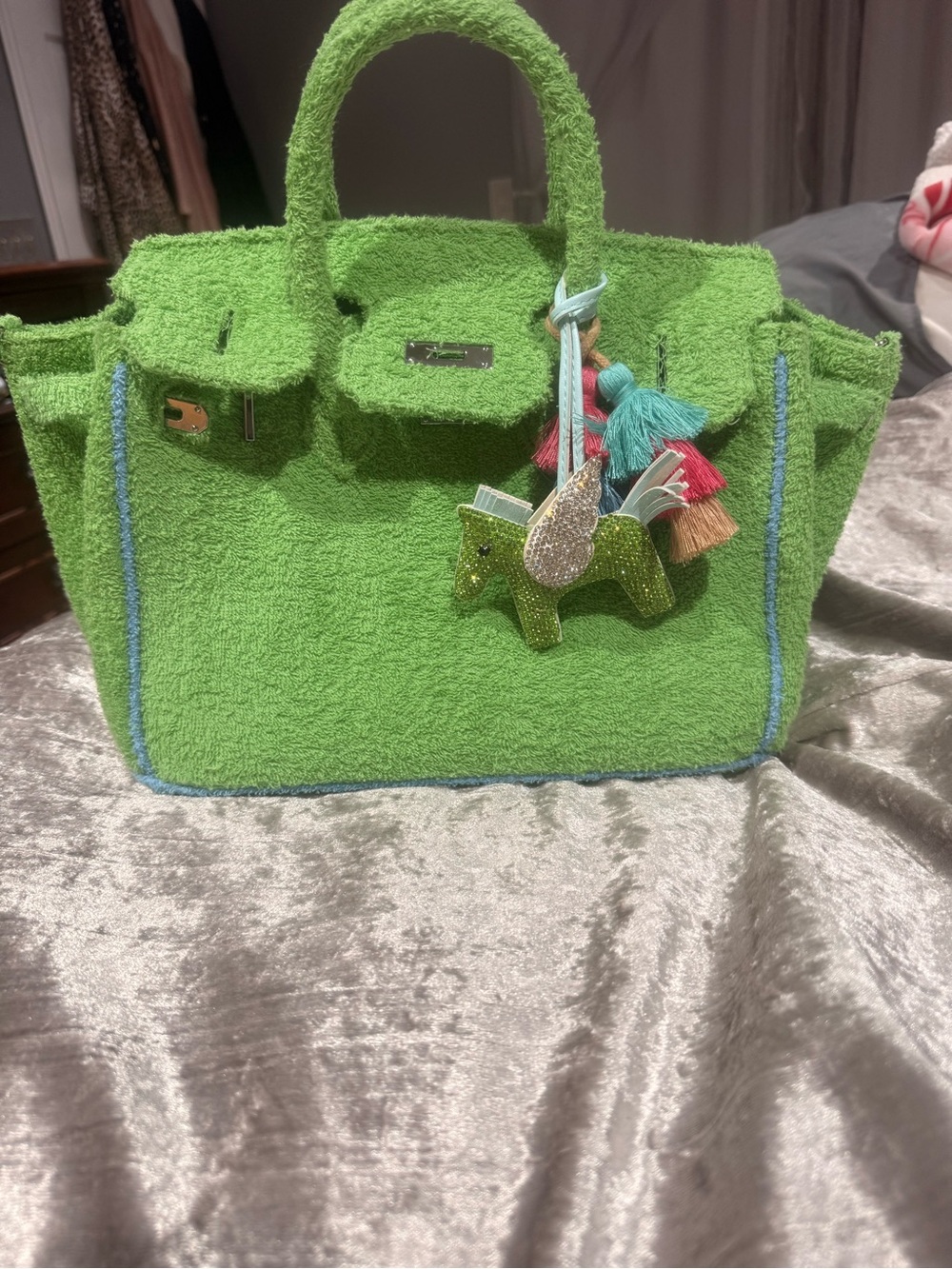 Bright Green Textured Tote with Tassel Charm